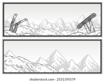 Winter poster set or signs. Snow backdrops or winter background collection. A collection of winter sports horizontal banner illustrations featuring skiers and snowboarders buried in the snow