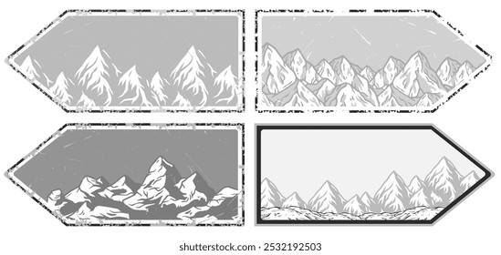 Winter poster set or signs. Snow backdrops or winter background collection. A collection of four winter mountain landscapes featuring snow capped peaks in vintage style with grunge textures