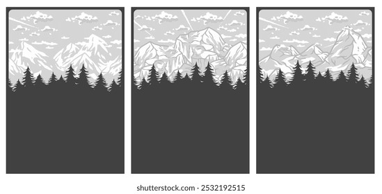 Winter poster set or signs. Snow backdrops or winter background collection. A collection of three vintage illustrations showing snowy mountains towering over a coniferous forest under a cloudy sky