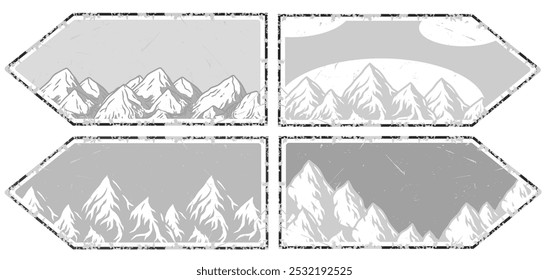 Winter poster set or signs. Snow backdrops or winter background collection. A collection of four winter mountain landscapes featuring snow capped peaks in vintage style with grunge textures
