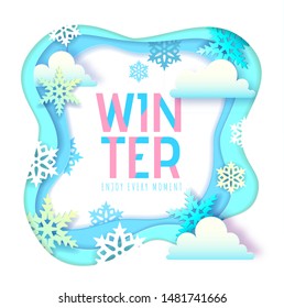 Winter poster with snowflakes and clouds. Cut out paper art style design