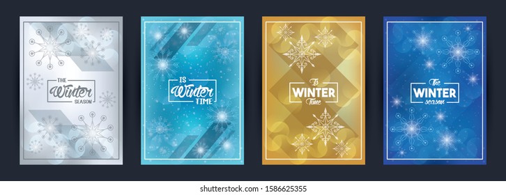 winter poster with snowflakes and forest scene vector illustration design