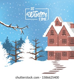 winter poster with snowflakes and forest scene vector illustration design