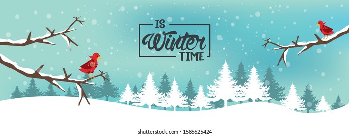 winter poster with snowflakes and forest scene vector illustration design