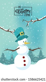 winter poster with snowman and forest scene vector illustration design