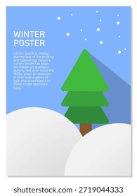 Winter Poster Template with Snow fall and Christmas tree on Blue Background