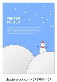 Winterplakat Vorlage mit Schneemann auf Schneehügel und Platz für Text