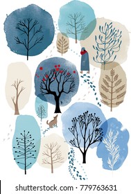 Winter poster. watercolor background with winter landscape.