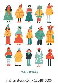 Winter poster with women in different clothes in modern style. Hand drawn style female characters. Different characters and style. 