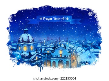 Winter Prague cityscape. Vector watercolor illustration.