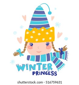 Winter Princess in Blue Colors / Vector Illustration can be used for kid t-shirt print or sweetshirt print, postcard, etc