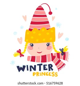 Winter Princess in Pink Colors / Vector Illustration can be used for kid t-shirt print or sweetshirt print, postcard, etc