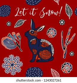 Winter print design, rabbit in snowy forest