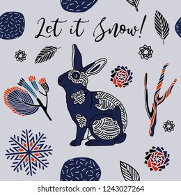 Winter print design, rabbit in snowy forest