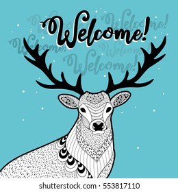Winter print with funny deer. Vector illustration of doodle animal.