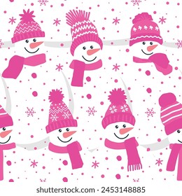 Winter Print. Seamless background with snowmen, snowflakes. Cute snowmen in pink winter hats and scarves. Christmas Pattern. Vector illustration