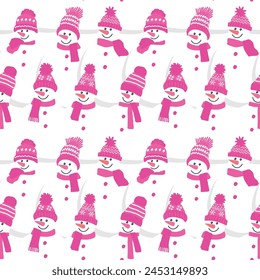 Winter Print. Seamless background with snowmen. Cute snowmen in pink winter hats and scarves. Christmas Pattern. Vector illustration