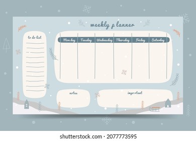 Winter printable weekly planner with cute illustration graphic for journaling, sticker, and scrapbook.