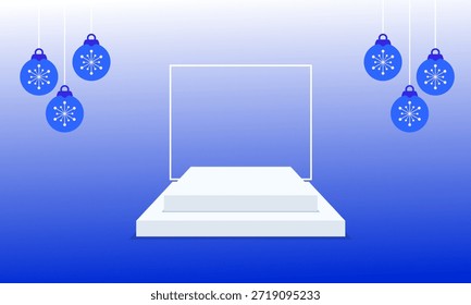Winter product display background with white 3D pedestal, snowflakes, and clouds on blue gradient sky for Christmas and New Year promotion.