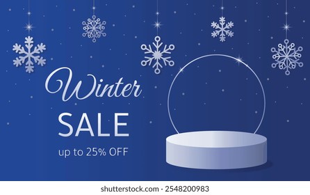  Winter product podium on blue background with paper cut snowflakes. Product podium for New Year, Christmas or winter  discount. Winter sale product banner. Sale up to 25%. Vector illustration.