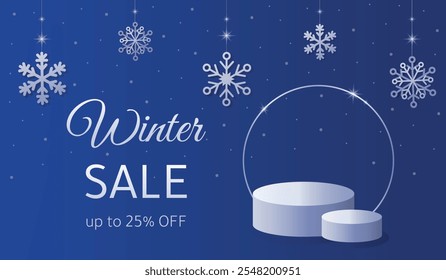  Winter product podiums on blue background with paper cut snowflakes. Product podiums for New Year, Christmas or winter  discount. Winter sale product banner. Sale up to 25%. Vector illustration.