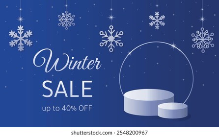  Winter product podiums on blue background with paper cut snowflakes. Product podiums for New Year, Christmas or winter  discount. Winter sale product banner. Sale up to 40%. Vector illustration.