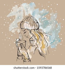 Winter profile portrait of a young woman with long hair in a knitted hat and mittens with a cup of tea coffee. Girl inhaling the aroma. Black line, pastel neutral colors on  beige background, snow.