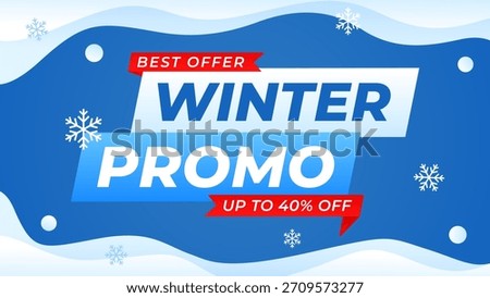 Winter promo banner template with blue snow wave background and snowflakes, up to 40% off, modern seasonal promotion design for sale ads, digital marketing, social media, web and pages