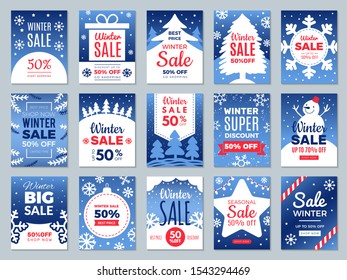 Winter promo cards. Season offers advertising banners labels for best price promotional vector template