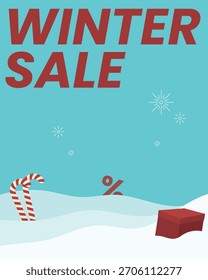 Diseño del cartel del Vector de la promoción del invierno con la ilustración del invierno con los regalos, los palillos del caramelo y la nieve