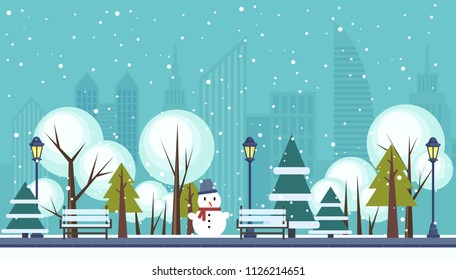 Winter public city park vector illustration.