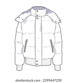 Winter puffer coat front view fashion flat sketch for Tech Pack. Jacket with hood and pockets on a zipper, CAD drawing, black and white, vector graphics for garment production apparel brand, menswear