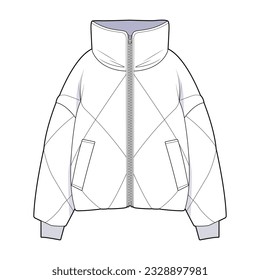 Winter puffer coat front view fashion flat sketch for Tech Pack. Warm Jacket with pockets, CAD drawing, black and white, vector graphics for garment production apparel brand, for women