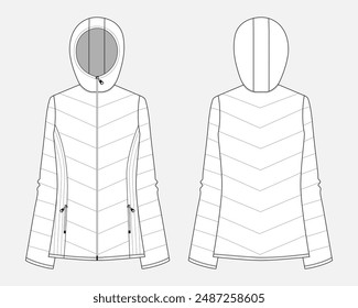 Winter puffer jacket long sleeve hoodie technical drawing fashion flat sketch vector illustration template for women's. Warm clothing design mock up cad front and back views