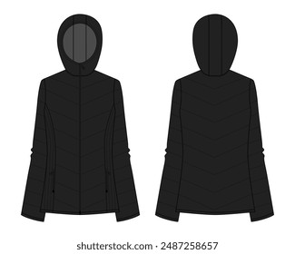 Winter puffer jacket long sleeve hoodie technical drawing fashion flat sketch vector illustration black color template for women's. Warm clothing design mock up cad front and back views