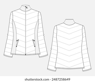 Winter puffer jacket technical drawing fashion flat sketch vector illustration template for women's. Warm clothing design mock up cad front and back views