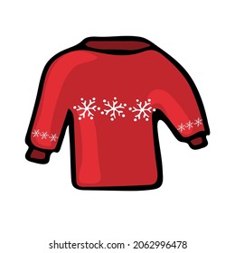 Winterpullover im Doodle-Stil. Cartoon süße Wolle springt. Winterferien, die in den Winterurlaub fließen, Pullover mit Schneeflocken. Vektorgrafik