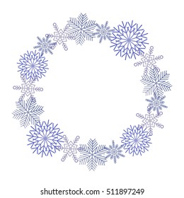 Winter purple snowflakes wreath on white background