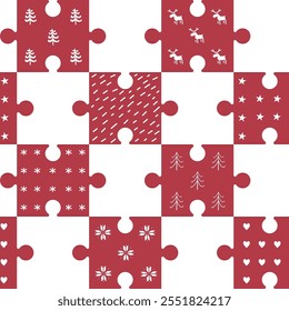 Winter Puzzle Pattern. Seamless Geometric Checked Print with Winter Items. Christmas Holiday Background. Template. Christmas Tree, Deer, Snowflake, Heart, Star, Flower. Vector in Red White