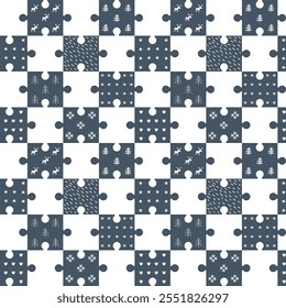 Winter Puzzle Pattern. Seamless Geometric Checked Print with Winter Items. Christmas Holiday Background. Template. Christmas Tree, Deer, Snowflake, Heart, Star, Flower. Vector in Blue White