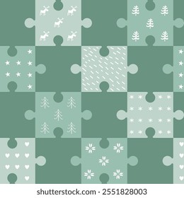 Winter Puzzle Pattern. Seamless Geometric Checked Print with Winter Items. Christmas Holiday Background. Template. Christmas Tree, Deer, Snowflake, Heart, Star, Flower. Vector in Green, White