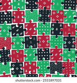Winter Puzzle Pattern. Seamless Geometric Checked Background with Winter Items. Christmas Holiday Print. Christmas Tree, Deer, Snowflake, Heart, Star, Flower. Vector in Green, Red, Black, White