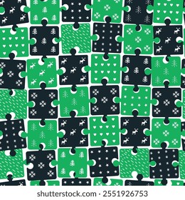 Winter Puzzle Pattern. Seamless Geometric Checked Background with Winter Items. Christmas Holiday Print. Template. Christmas Tree, Deer, Snowflake, Heart, Star, Flower. Vector in Green, Black, White