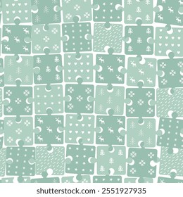 Patrón de rompecabezas de invierno. Fondo geométrico sin fisuras a cuadros con artículos de invierno. Navidades Festiva Print. Plantilla. Árbol de Navidad, ciervo, copo de nieve, corazón, estrella, flor. Vector en Verde, Blanco