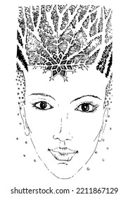 Winter queen with ice crown hand drawn line illustration isolated on white background. Woman face. Artwork. 