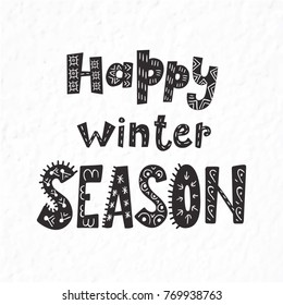 Cita y frase de invierno. Letras dibujadas a mano con elementos decorativos. Estilo escandinavo.