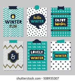 Winter quotes mini cards set with trendy patterns on gray background