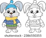 Winter Rabbit cartoon. Black and white lines. Coloring page for kids. Activity Book.