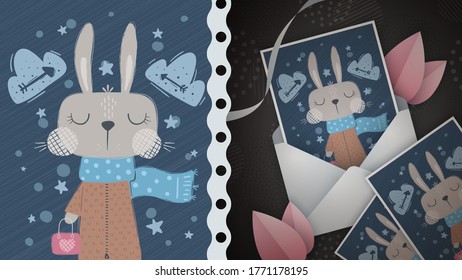 Winter rabbit idea for greeting card.
