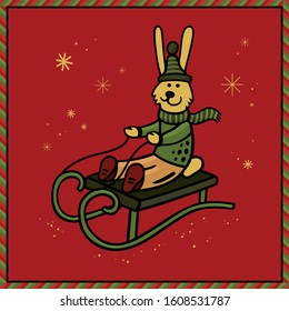 Winter rabbit sledding. Cute christmas character. Vector illustration for festive design and holiday decoration